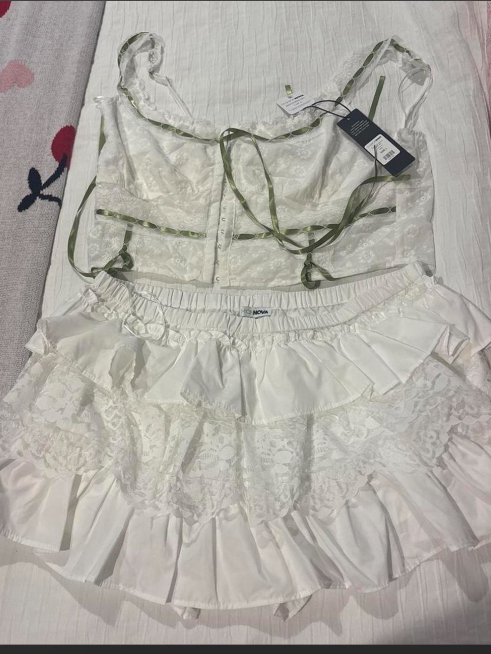 Fashion Nova White Lace Ruffle Mini Skirt with Olive Trim